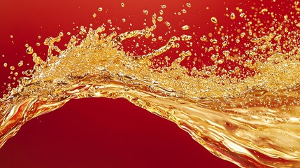 A shimmering wave of gold on a vibrant crimson red background, liquid gold splashes spreading outward in a bold and clean composition.