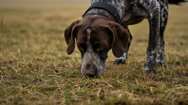 German Shorthaired Pointer Dog Sniffing Ground Outdoors in Autumn Season Field