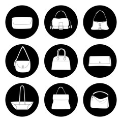 Minimalist Handbag Icons – White Purse Silhouettes on Black Circular Backgrounds
Set of elegant white handbag and purse icons designed in a minimalist style. Placed on solid black circular backgrounds