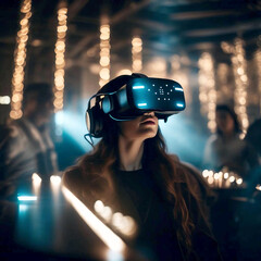 Modern people using virtual reality headsets in stylish interior or abstract space, with room for text