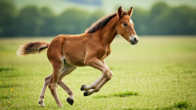 Galloping foal in vibrant field captures youthful energy and springtime freshness