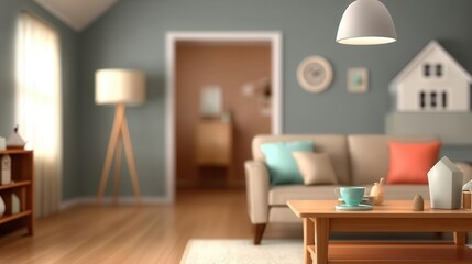A blurred living room with furniture at home represents the background and interior concept