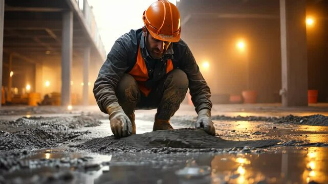 Man in hard hat working with cement on floor. Construction worker at work.