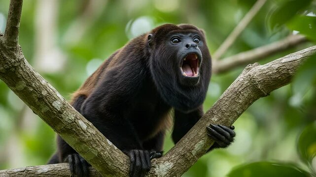 Captivating close-up of a howler monkey calling out from a tree in its natural habitat