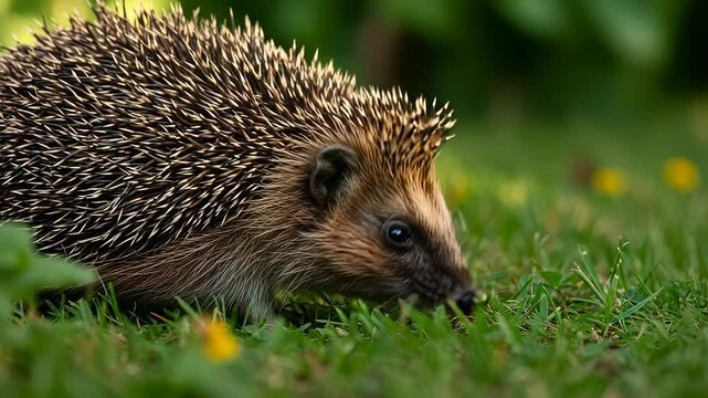 European hedgehog foraging for food in the grass field on a sunny summer day