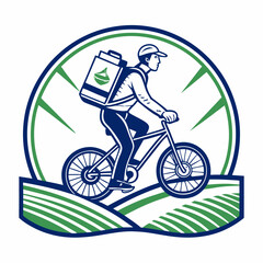 Delivery Cyclist with Backpack on Farm Field Emblem in Retro Style