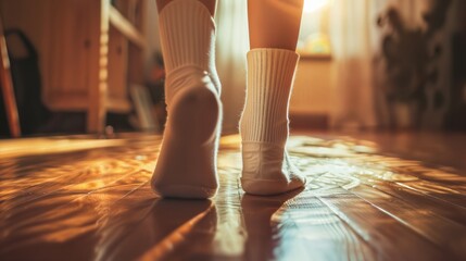 Woman's feet in white socks walking on a wooden floor in a cozy room, warm light streaming from a window. Relaxing home atmosphere.