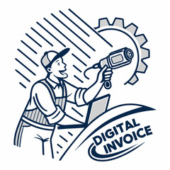 Digital Invoice Concept Cartoon Mechanic with Drill Laptop and Gear Icon