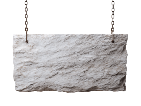 Blank stone sign hanging from rusty chains on transparent background