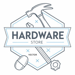 Hardware Store Logo Design with Hammer Nail Screw and Hex Nut