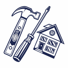 Home Repair and Construction Tools with a House Outline Illustration