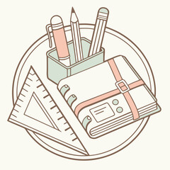 Illustration of School Supplies with Notebook Triangle Ruler and Pencil Holder