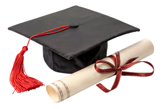 Graduation cap and diploma scroll tied with a red ribbon. Success, achievement and future concept.