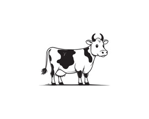 A charming black and white illustration features a smiling cartoon cow, ideal for children's projects and farming-related designs.