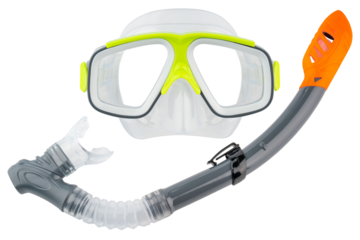 Diver or snorkeling mask and snorkel set. Snorkeling accessory for swimmer in ocean, pool. Kids, children, adult Unisex diver set. Swimming goggles, glasses. Summer beach vacation. Isolated background