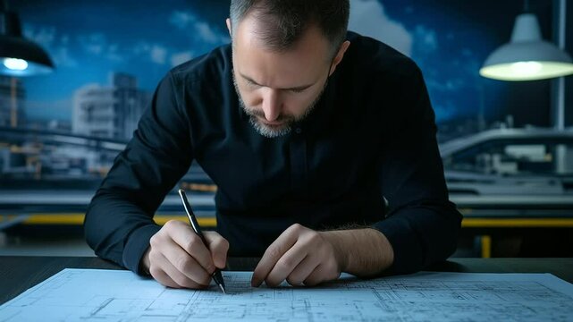 Engineer carefully measuring and noting down technical details on a set of blueprints, factory background with conveyor belts and heavy equipment in use