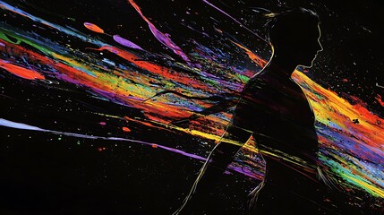 A silhouette in motion, with colorful streaks of paint smearing outward, suggesting a dynamic and emotional human figure in expressive abstraction.