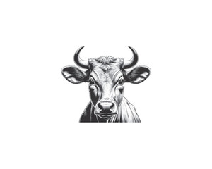 A detailed black and white vector illustration depicts a majestic cow facing the viewer, isolated against a clean white background.