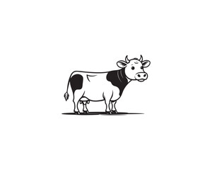 A charming black and white vector illustration showcases an adorable cartoon cow with a playful and friendly expression.
