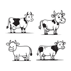 This vector file showcases a delightful collection of four charming cow illustrations in a classic black and white palette.