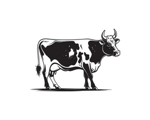 A detailed black and white vector illustration depicts a spotted cow standing alone against a clean white background.