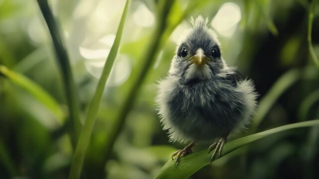 Close-up of fledgling bird perched on a blade of grass in natural habitat scene