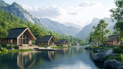 Obraz premium Wooden cabins by a tranquil lake with mountain peaks.