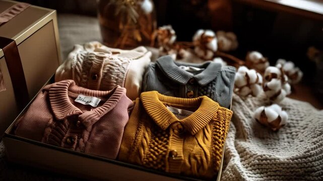 Soft Knitted Cardigans Presented in a Box with Satin Ribbon, Surrounded by Cotton Flowers on a Knitted Blanket
