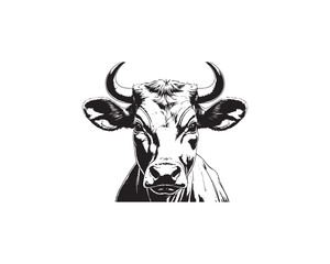 A highly detailed black and white vector illustration presents a striking portrait of a cow head.