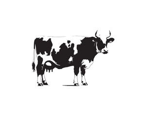 Elegant black and white vector illustration depicts a dairy cow standing poised against a clean white backdrop.
