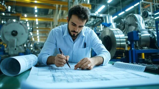 Engineer writing calculations on blueprint, surrounded by measuring instruments and rolled-up drawings, industrial workshop with large machines and factory setting