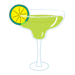 Tropical cocktail in a glass with citrus slice hand drawn illustration, isolated vector. Line art style design. Summer clip art, seasonal element. Cold drink, beverage, refreshment, beach, pool party