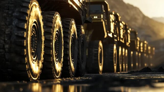 Row of gigantic mining trucks at the pit, a symbol of heavy industry and mineral extraction
