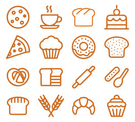 Baked goods and bakery icon set in warm brown outline