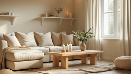 A living room with a beige sofa, a wooden coffee table, and a window with white curtains inside
