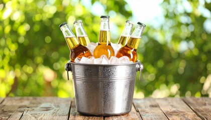 Botellas de cerveza artesanal frías en un cubo de hielo sobre una mesa de madera al aire libre © Argiduna