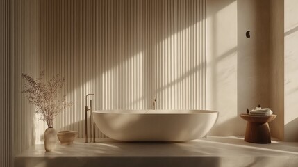 Bathtub scene featuring neutral tones, natural textures, and a serene, minimalist vibe