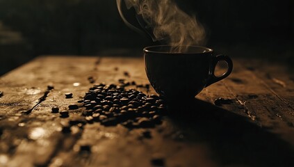 A cup of steaming coffee sits on the table, surrounded by scattered coffee beans.