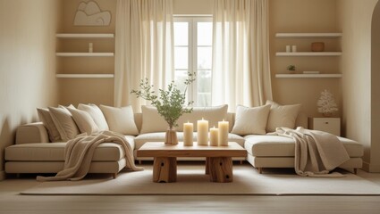 A serene living room with a large sectional sofa, candles, and natural light creating a cozy atmosphere