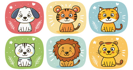set of funny cartoon animals. set of funny line doodle decoration on isolated background. Lion  tiger and dog vector illustration.