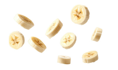 Round pieces Banana falling in the air isolated on transparent background Remove png