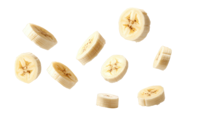 Round pieces Banana falling in the air isolated on transparent background Remove png