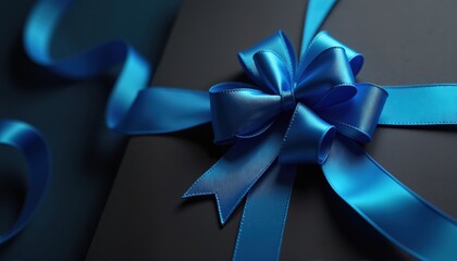 Blue ribbon bow on a black background. Elegant decorative element for celebration, anniversary, or holiday banner or greeting card.