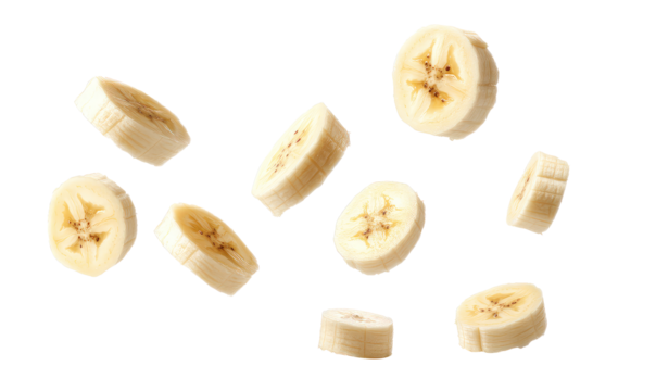 Round pieces Banana falling in the air isolated on transparent background Remove png