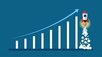A rocket boosting growth chart on blue background