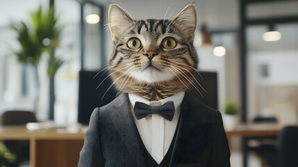 Playful Tabby Cat in Tuxedo Suit, Office Portrait