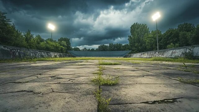 Dramatic abandoned stadium under storm clouds showcases the passage of time and decay