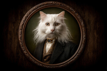 Portrait of a White Longhair Cat in Formal Wear, Vintage Style