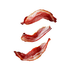 Three Crispy Cooked Bacon Slices Isolated on Transparent or White Background