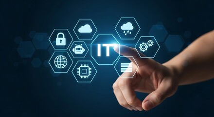 Hand touching it concept icon representing technology and information systems